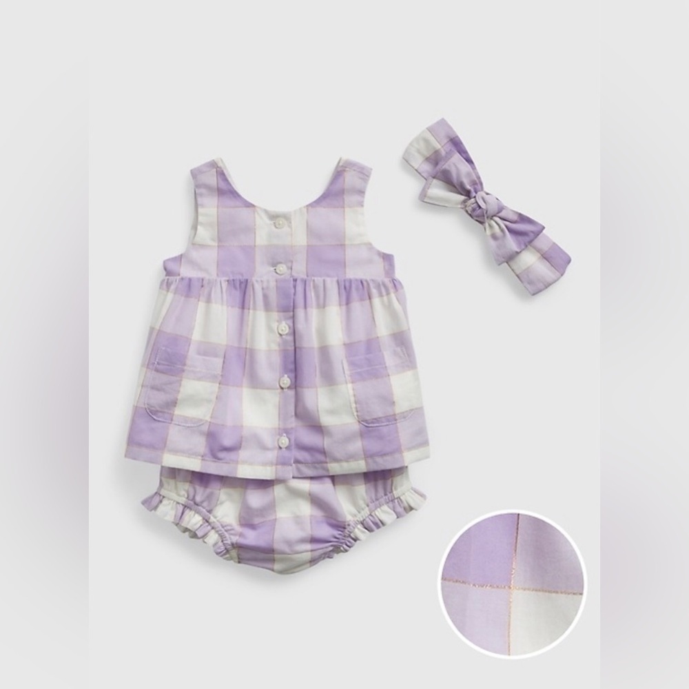 NWT Baby Gap Shiny Gingham 3-Piece Outfit Set- Top, Bloomers, Headband